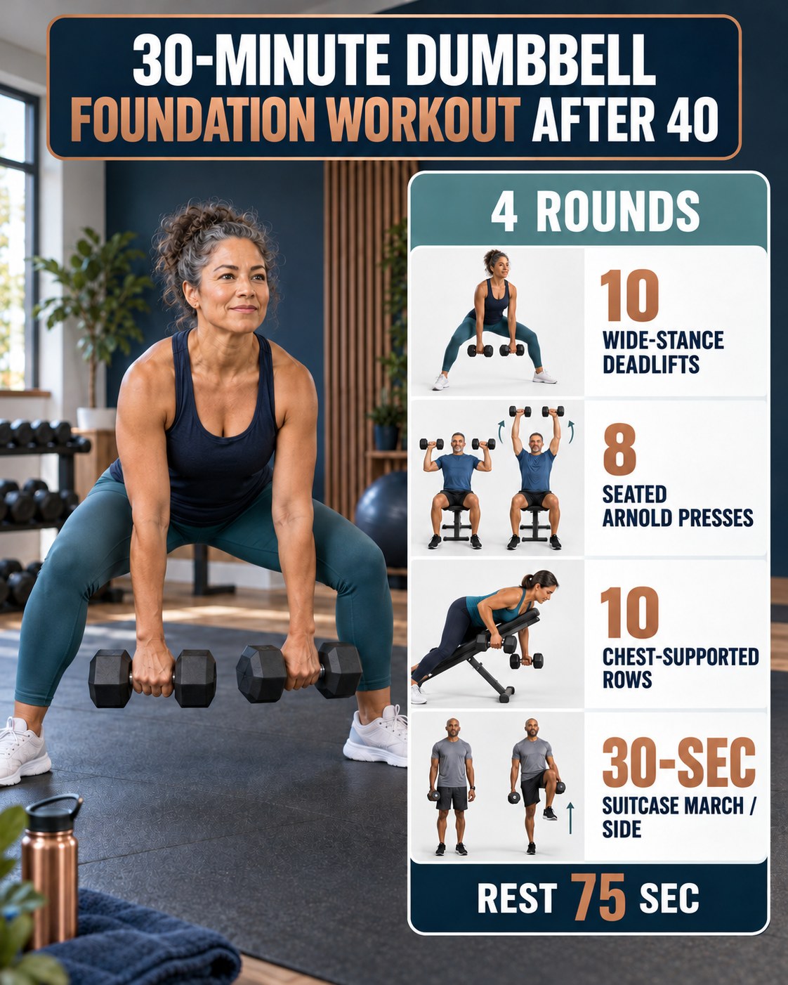 Middle-aged woman performing a wide-stance dumbbell deadlift beside a 30-minute foundation workout infographic.