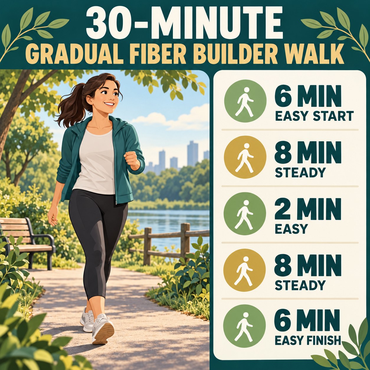 30-minute gradual fiber builder walking routine with two steady blocks and easy recovery