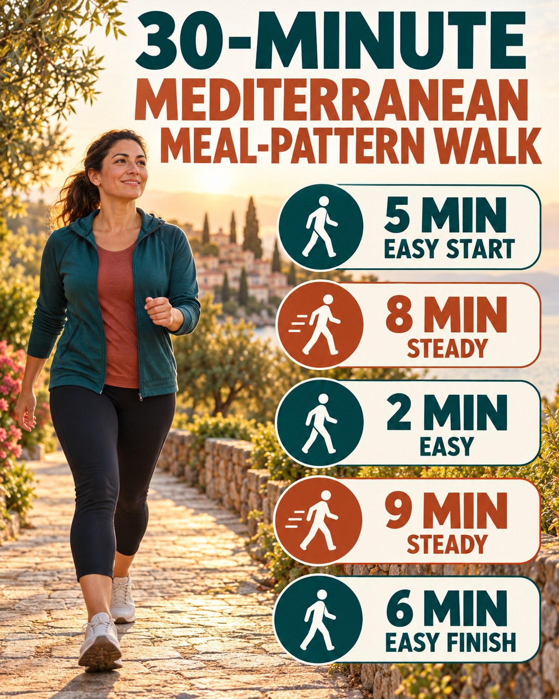 30-minute Mediterranean meal-pattern walking routine with two steady blocks and easy recovery