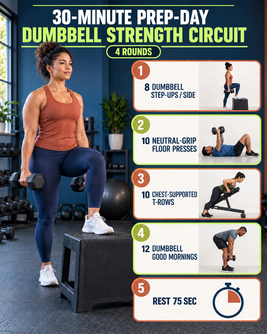 Woman performing a dumbbell step-up beside a 30-minute prep-day strength circuit infographic.