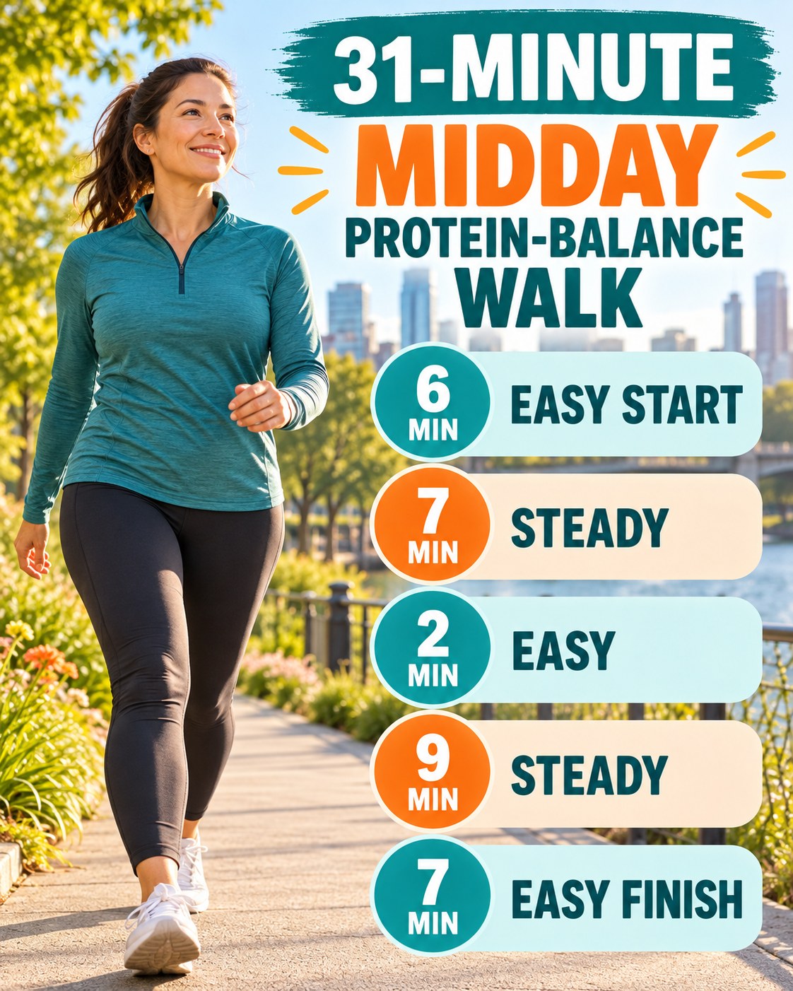 31-minute midday protein-balance walking routine with two steady blocks and easy recovery