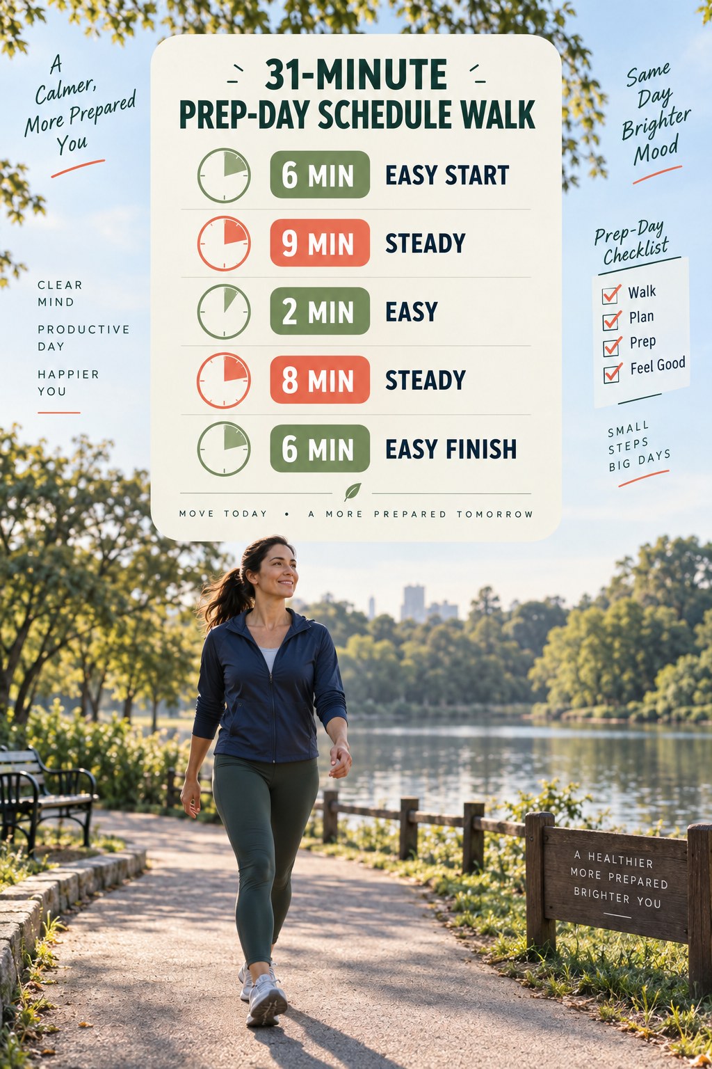 31-minute prep-day schedule walking routine with two steady blocks and easy recovery