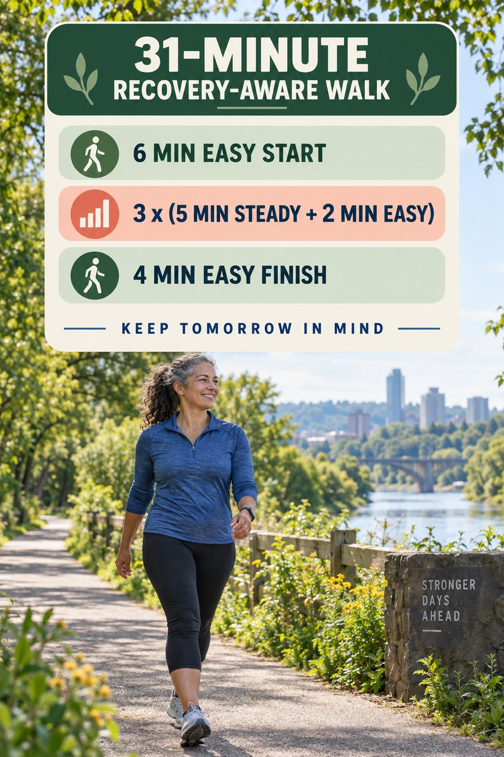 31-minute recovery-aware walking routine after 40 with three steady intervals and easy recovery