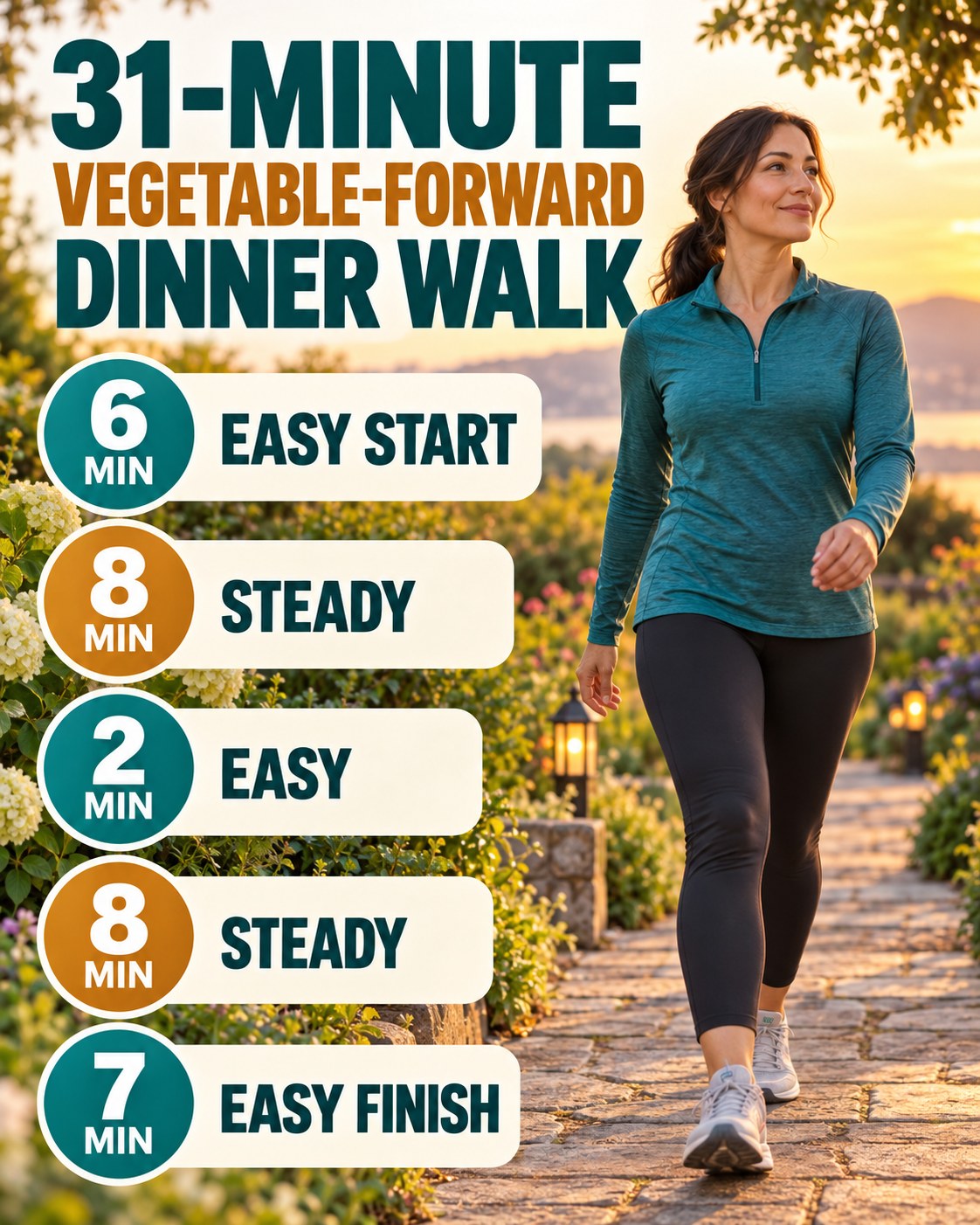 31-minute vegetable-forward dinner walking routine with two steady blocks and easy recovery