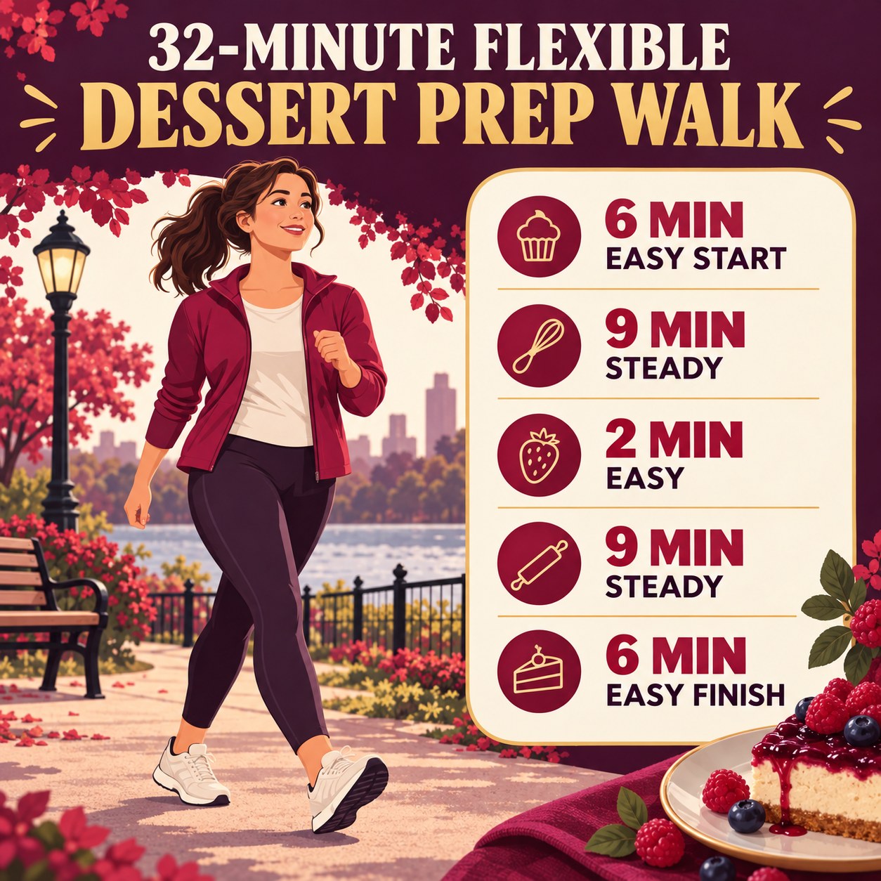 32-minute flexible dessert prep walking routine with two steady blocks and easy recovery