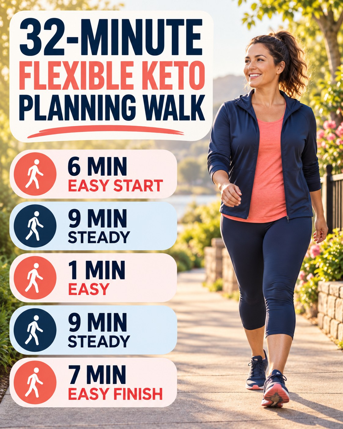 32-minute flexible keto planning walking routine with two steady blocks and easy recovery