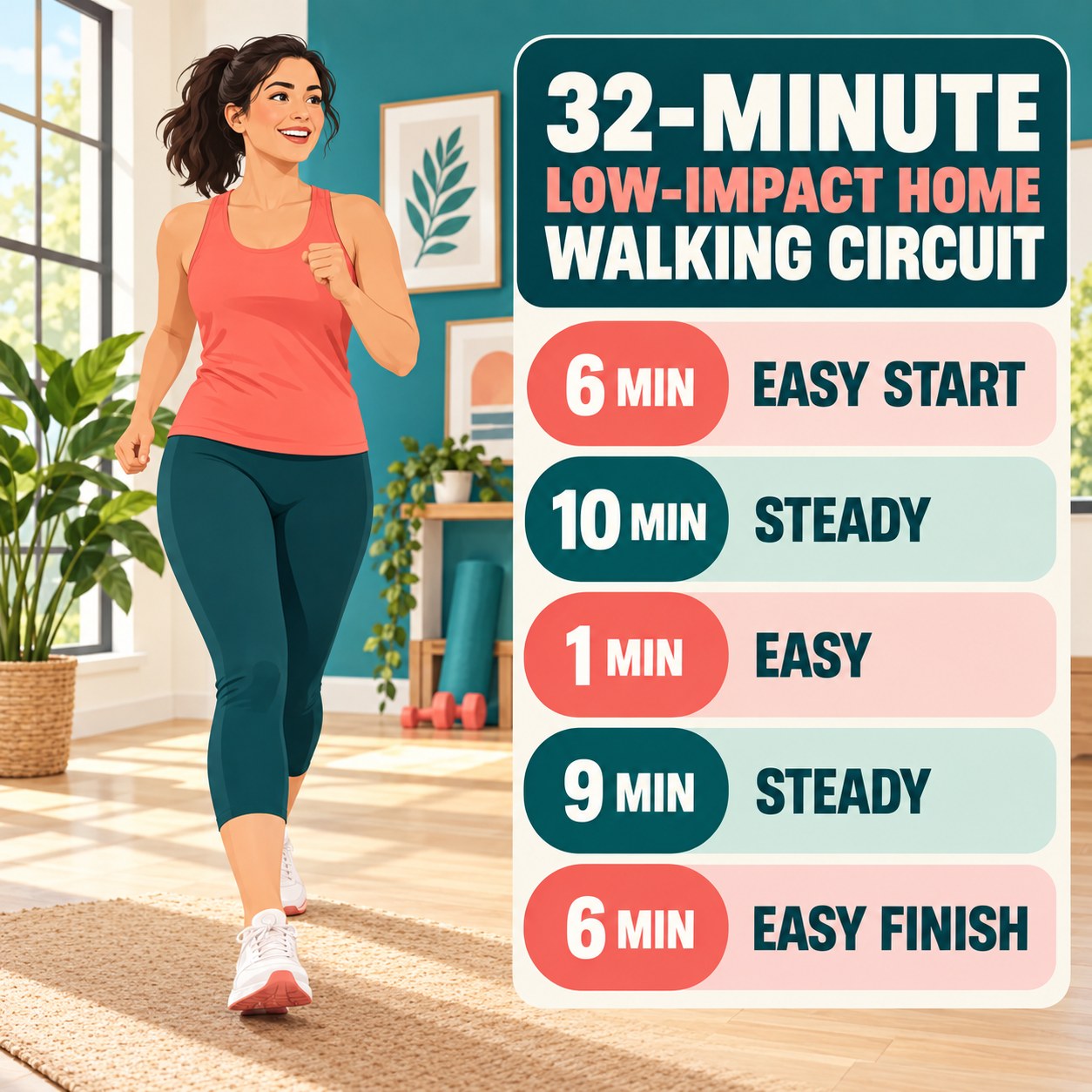 32-minute low-impact home walking circuit with two steady blocks and easy recovery