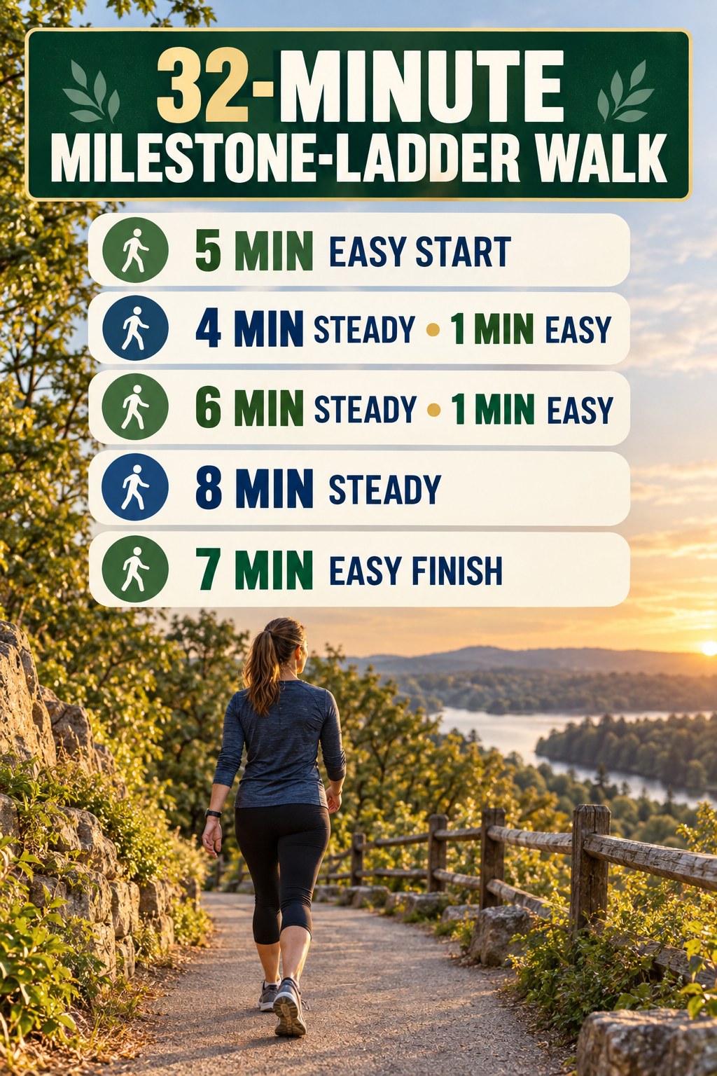 32-minute milestone-ladder walking routine with increasing steady blocks and easy recovery