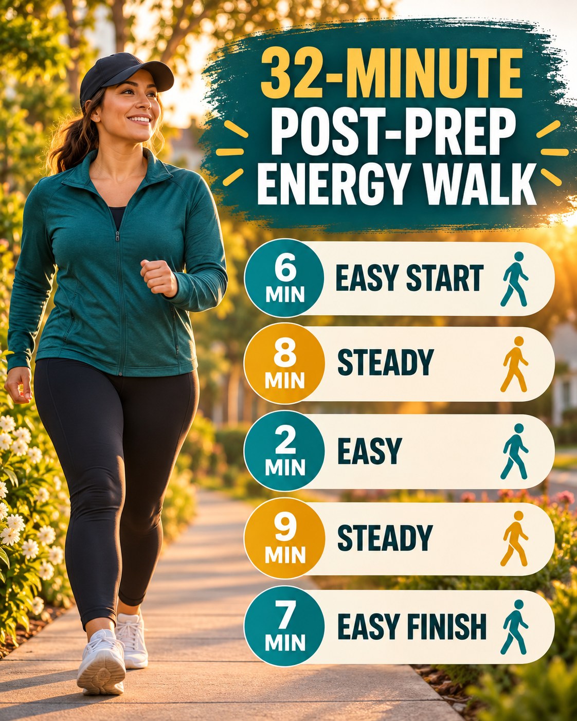 32-minute post-prep energy walking routine with two steady blocks and easy recovery