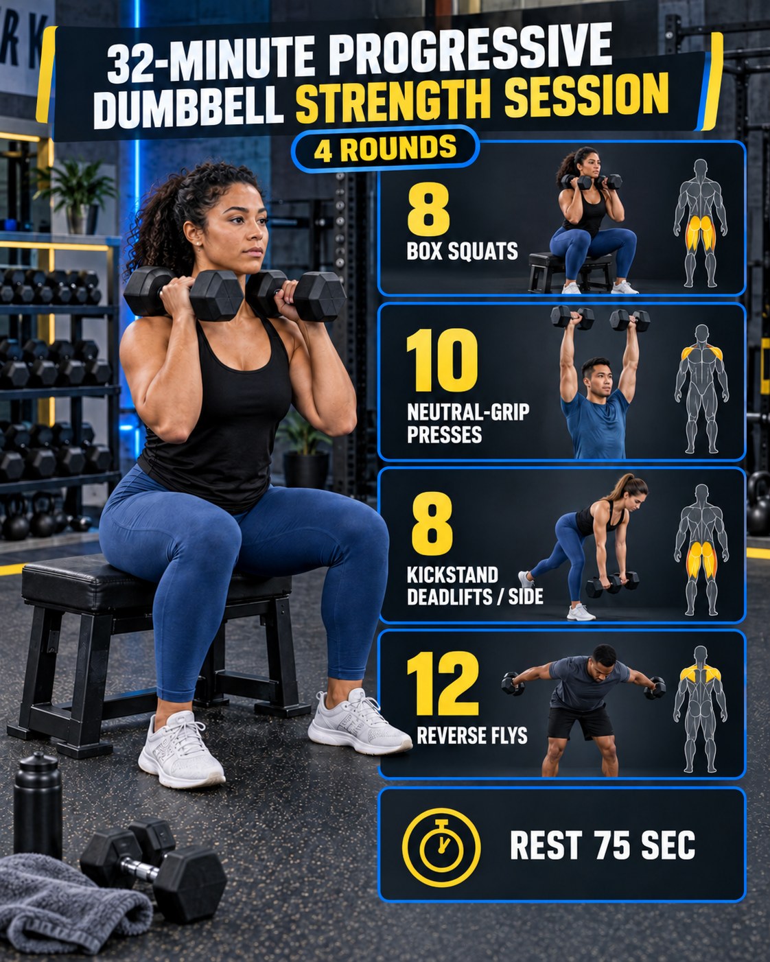 Woman doing a dumbbell box squat beside a 32-minute progressive dumbbell strength session infographic.