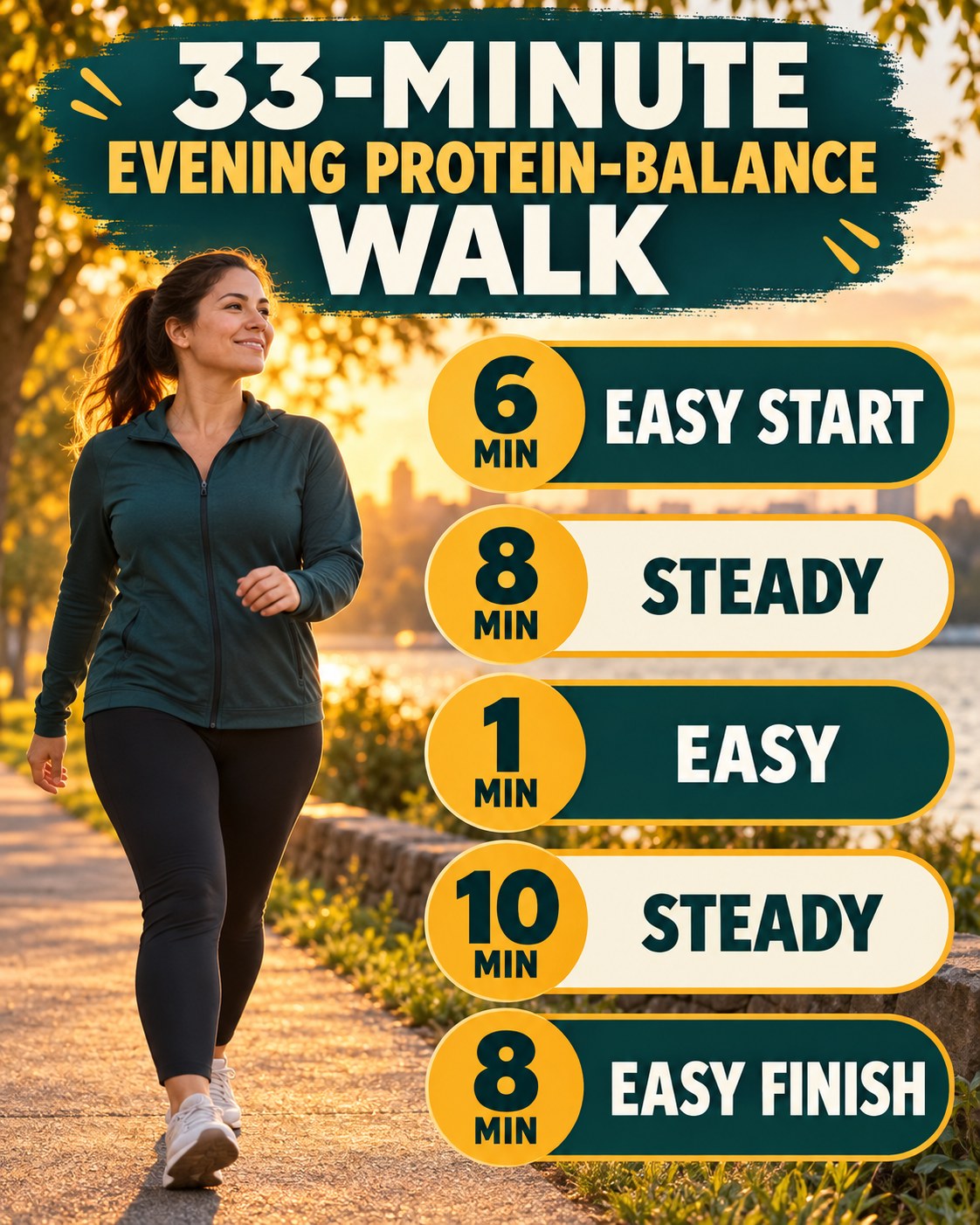 33-minute evening protein-balance walking routine with two steady blocks and easy recovery