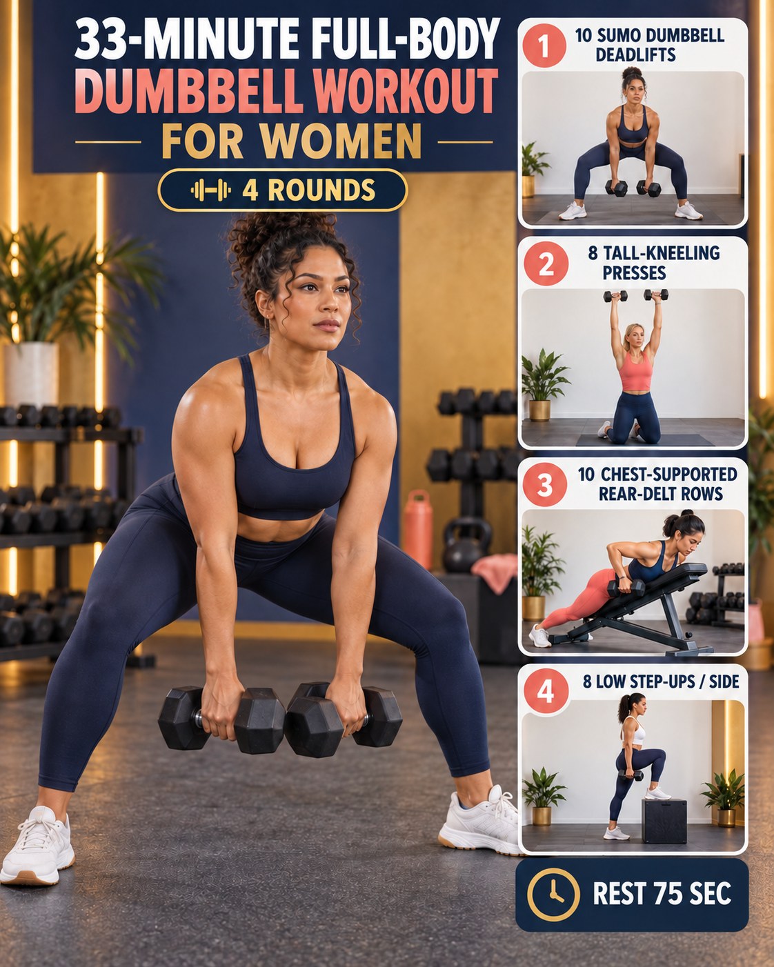 Woman performing a sumo dumbbell deadlift beside a 33-minute full-body workout infographic for women.