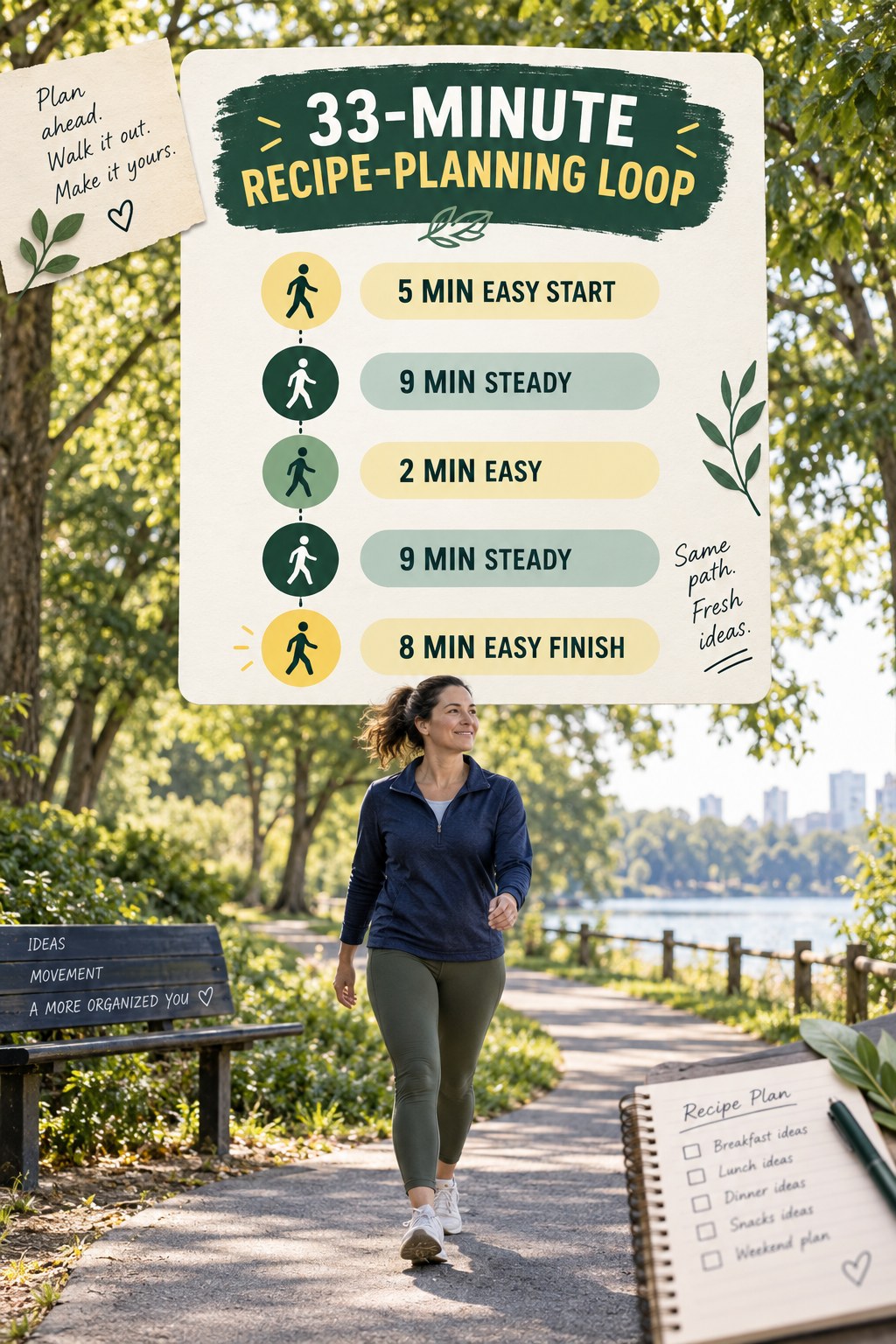 33-minute recipe-planning loop walking routine with two steady blocks and easy recovery