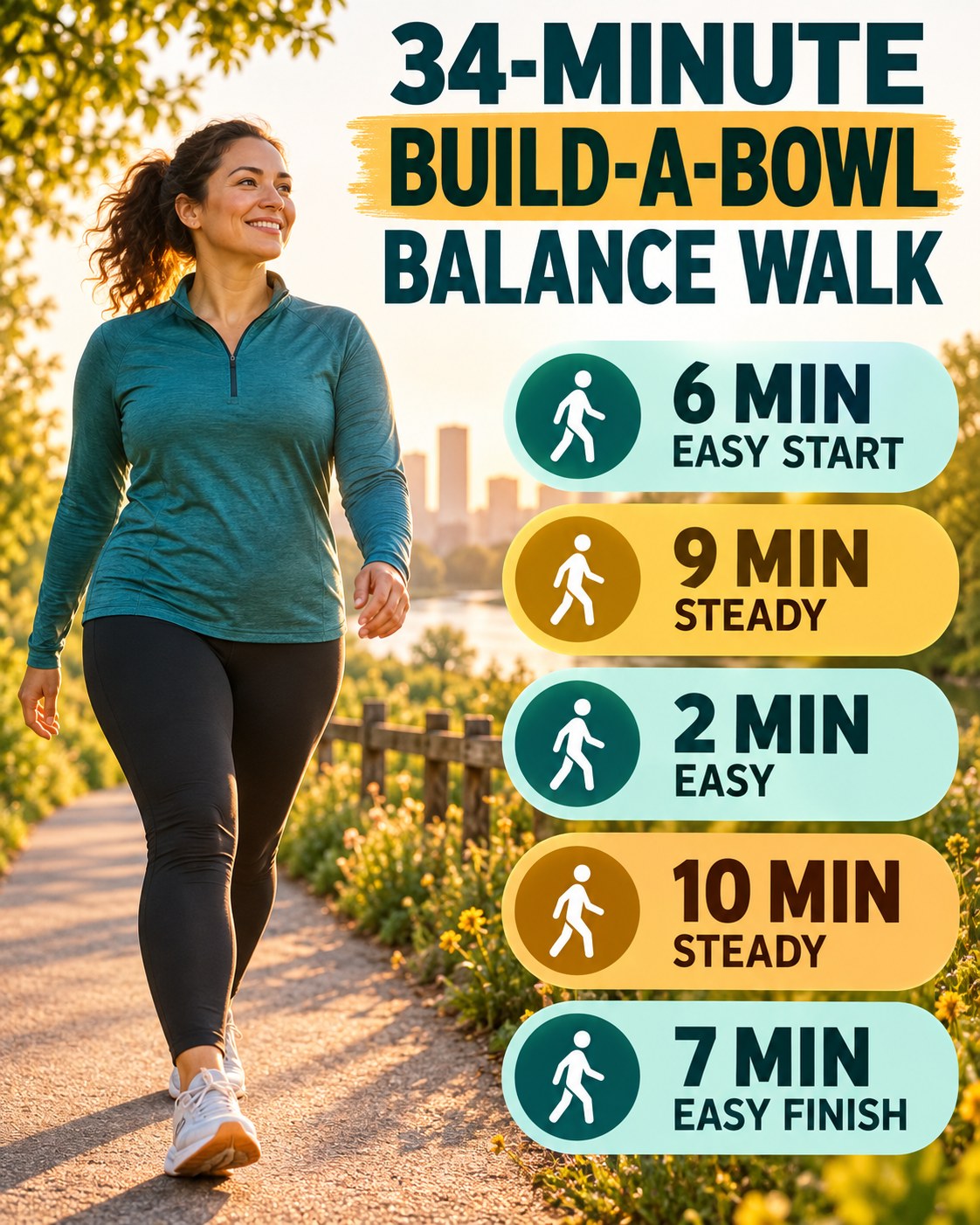 34-minute build-a-bowl balance walking routine with two steady blocks and easy recovery
