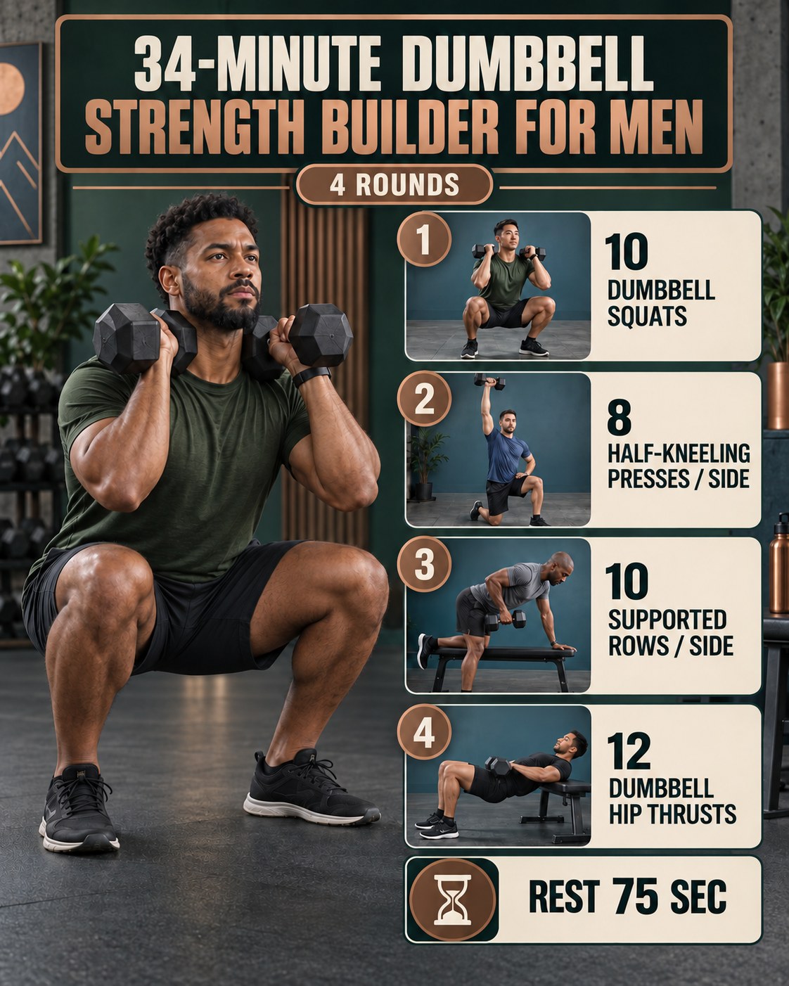 Man doing a dumbbell squat beside a 34-minute dumbbell strength builder infographic for men.