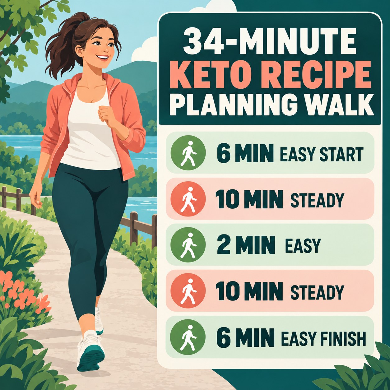 34-minute keto recipe planning walking routine with two steady blocks and easy recovery