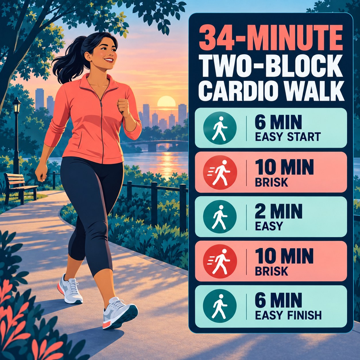 34-minute two-block cardio walking routine with brisk intervals and easy recovery