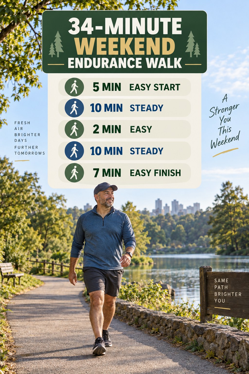 34-minute weekend endurance walking routine for men with two steady ten-minute blocks