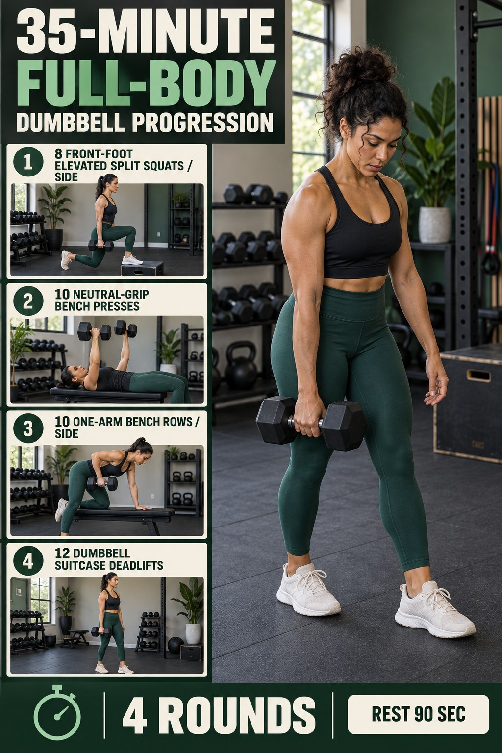 Woman holding dumbbells for a suitcase deadlift beside a 35-minute full-body progression infographic.
