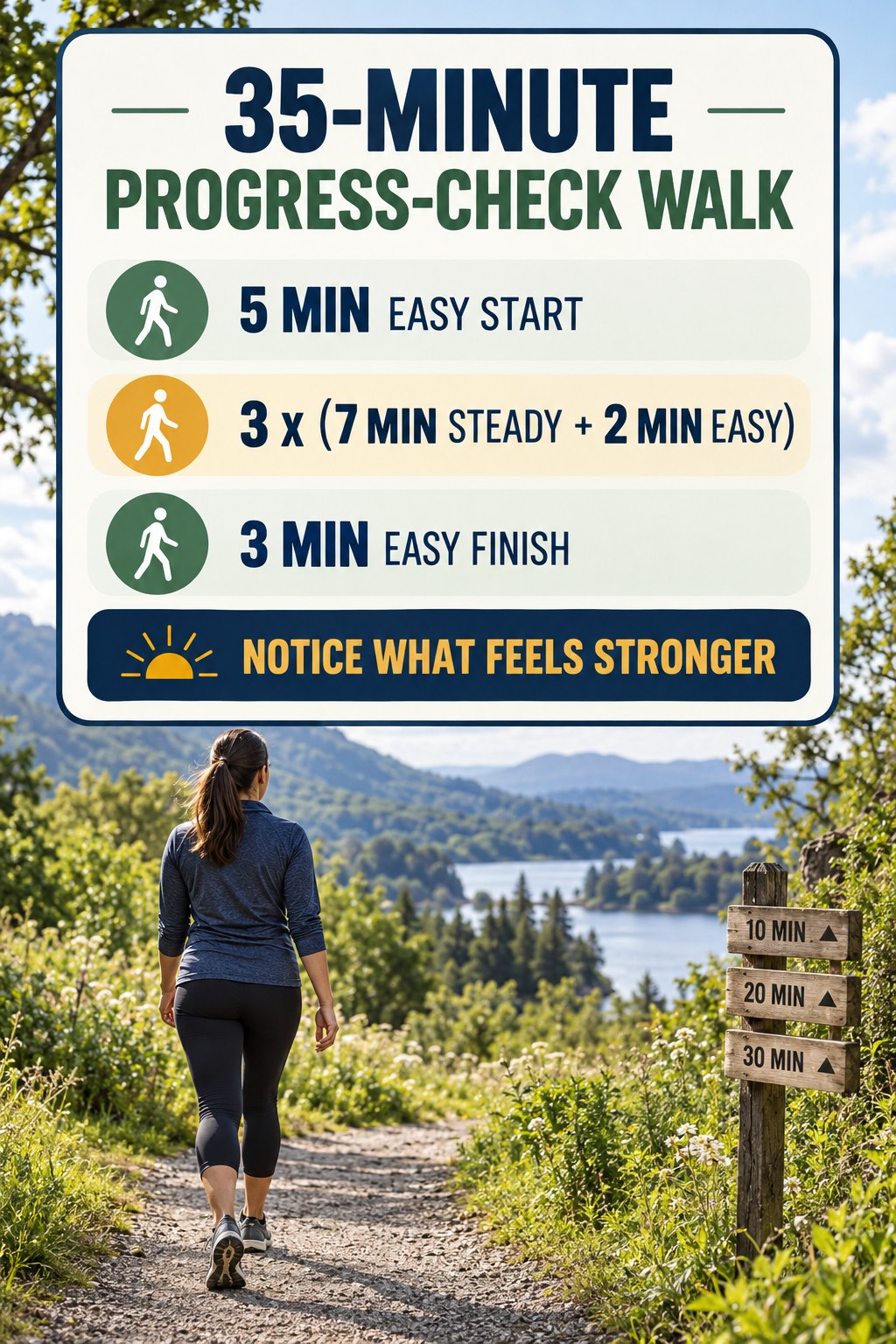 35-minute progress-check walking routine with three steady intervals and easy recoveries