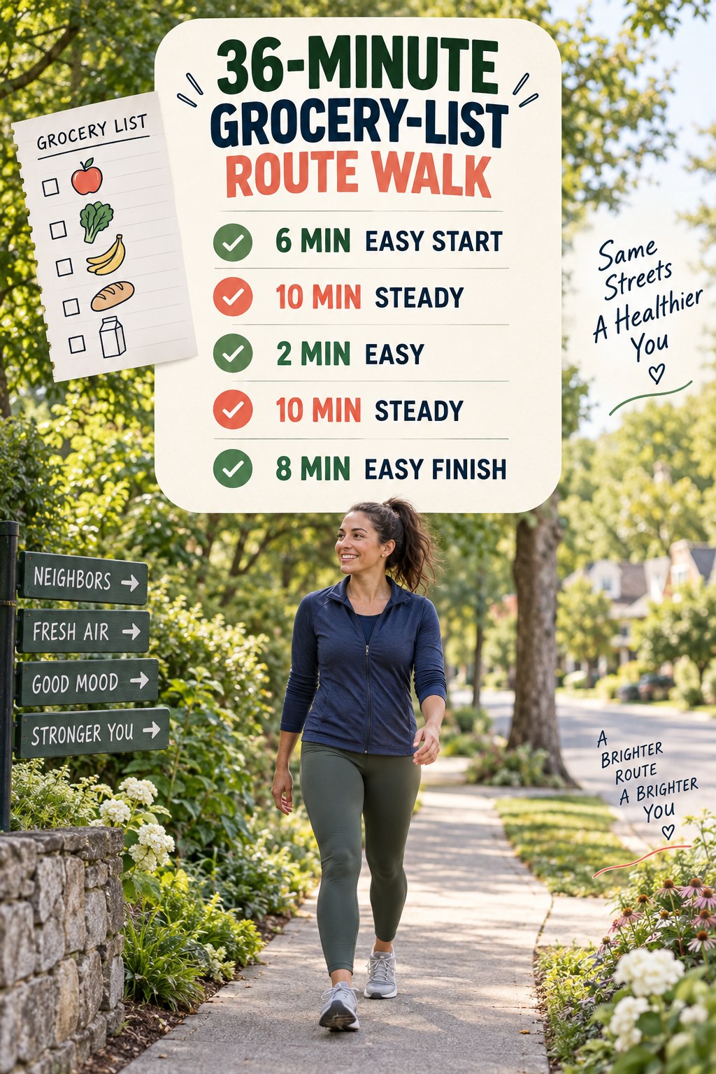 36-minute grocery-list route walking routine with two steady blocks and easy recovery