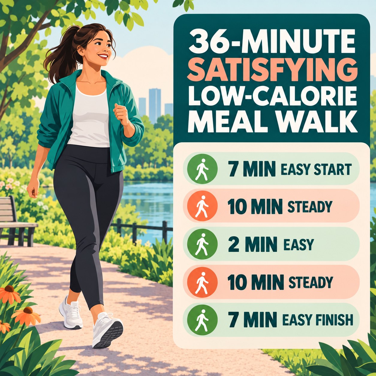 36-minute satisfying low-calorie meal walking routine with two steady blocks and easy recovery