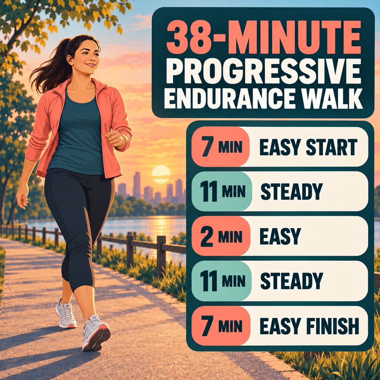 38-minute progressive endurance walking routine with two steady blocks and easy recovery
