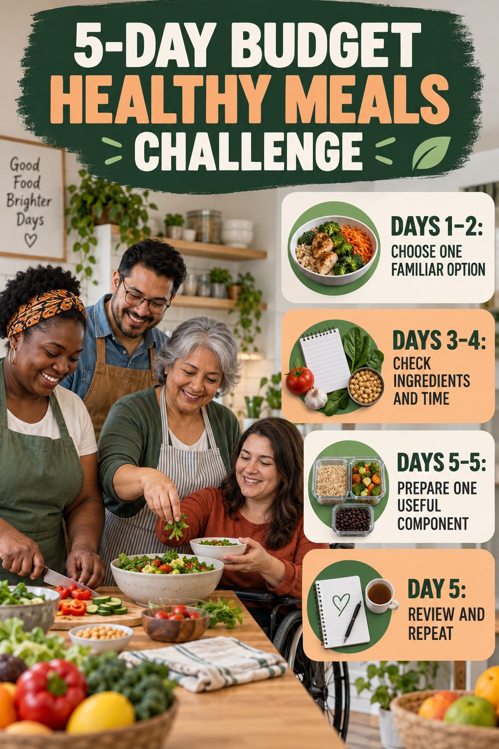 5-day Budget Healthy Meals challenge graphic showing four manageable milestones for consistent practice.