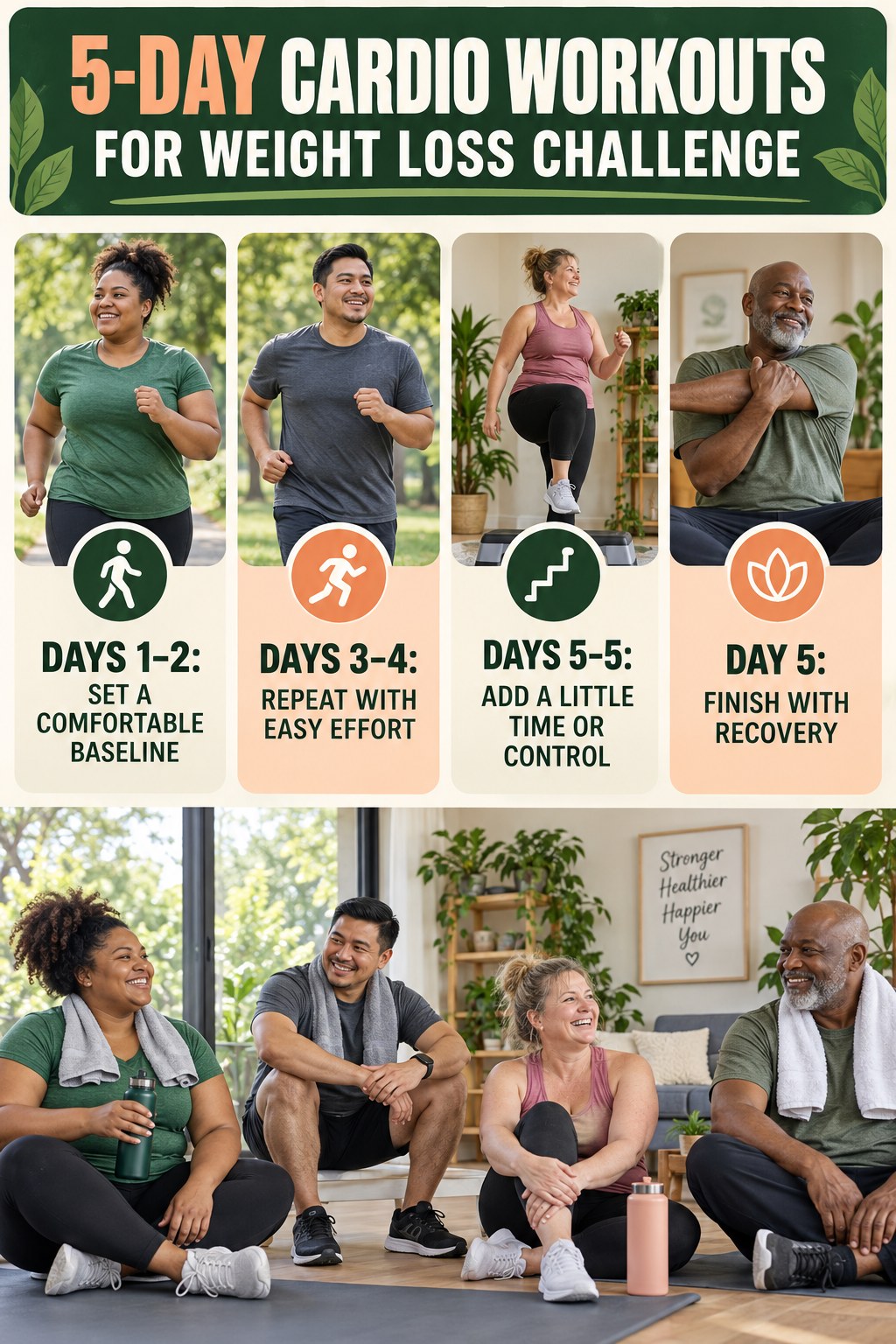 5-day Cardio Workouts for Weight Loss challenge graphic showing four manageable milestones for consistent practice.