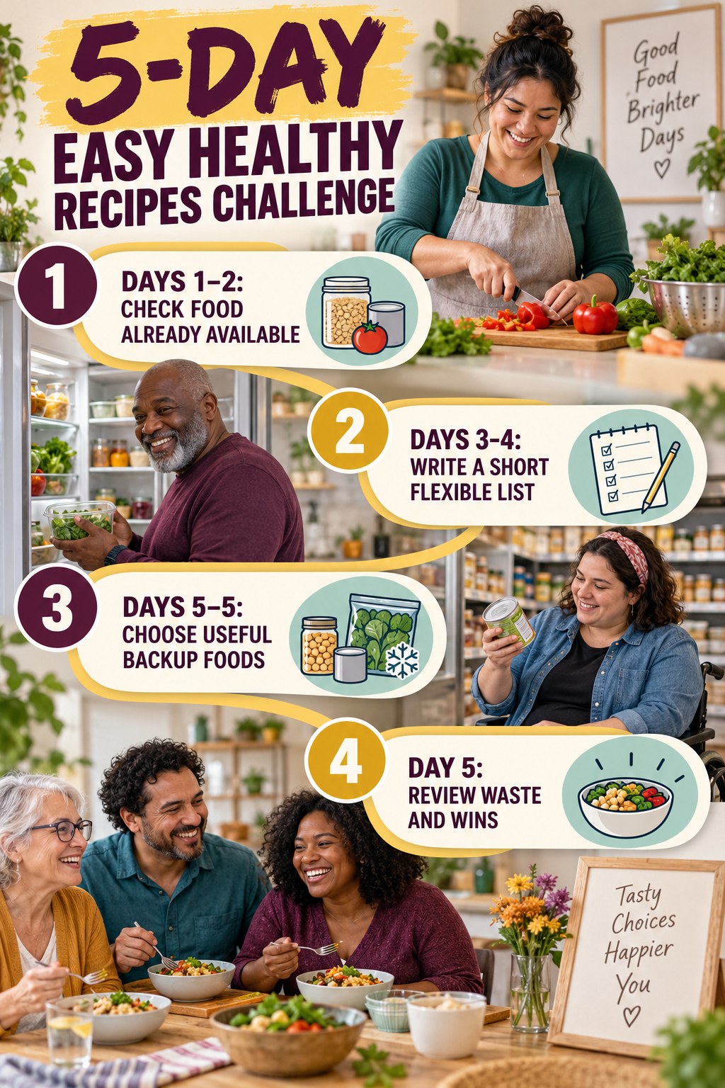 5-day Easy Healthy Recipes challenge graphic showing four manageable milestones for consistent practice.