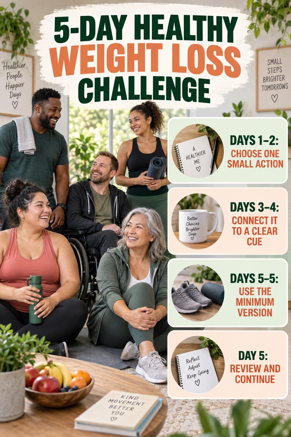 5-day Healthy Weight Loss challenge graphic showing four manageable milestones for consistent practice.
