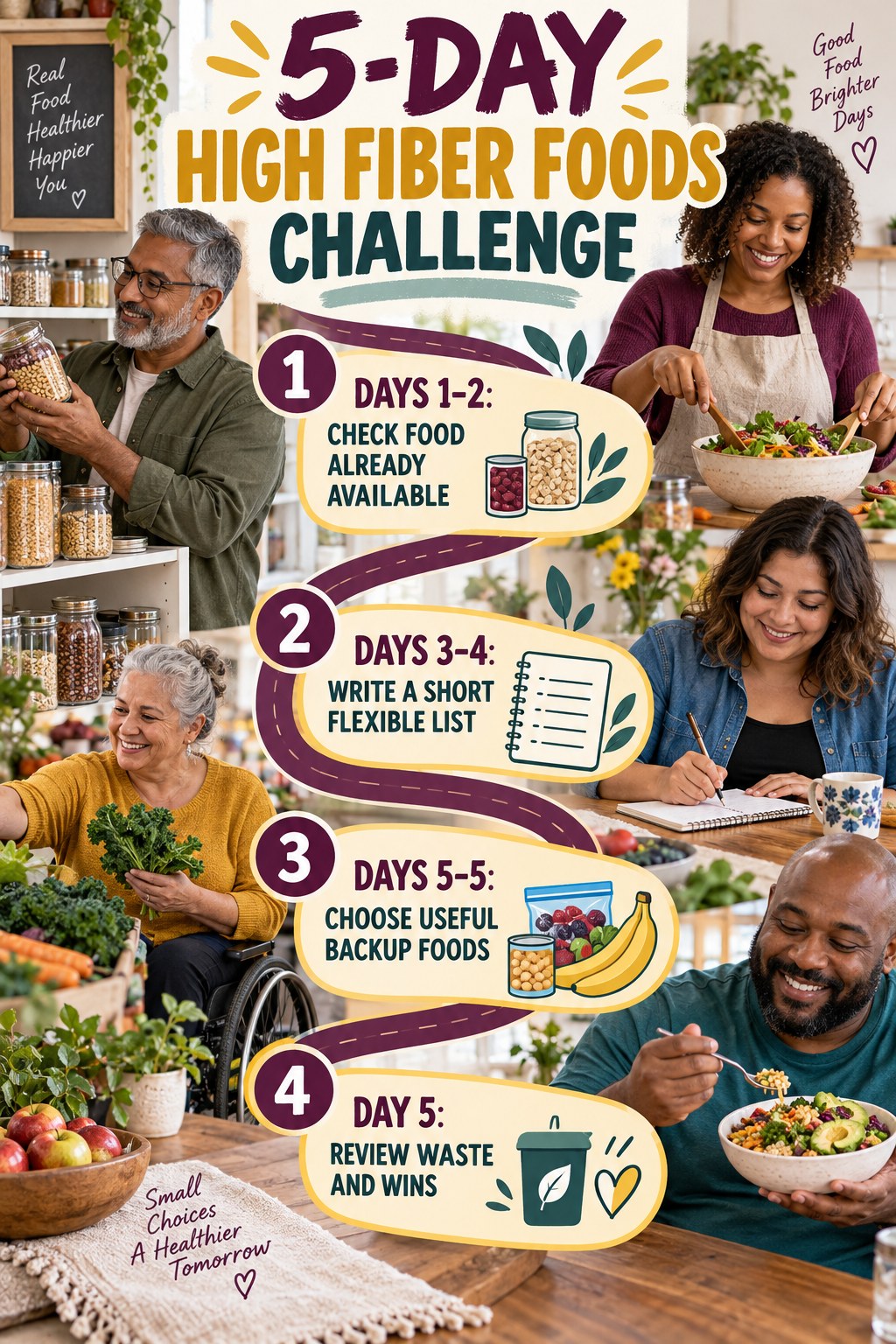 5-day High Fiber Foods challenge graphic showing four manageable milestones for consistent practice.