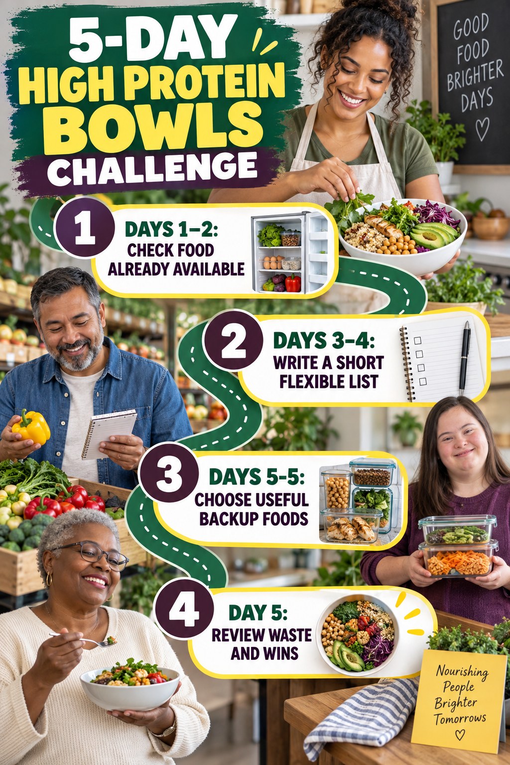 5-day High Protein Bowls challenge graphic showing four manageable milestones for consistent practice.