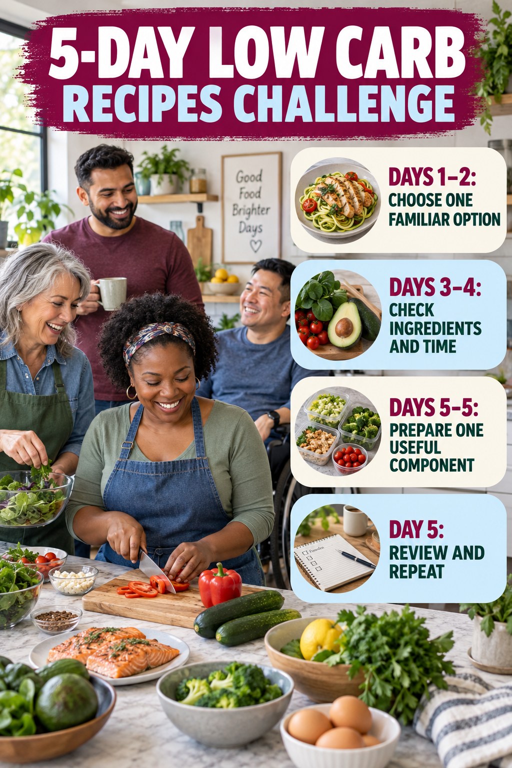5-day Low Carb Recipes challenge graphic showing four manageable milestones for consistent practice.