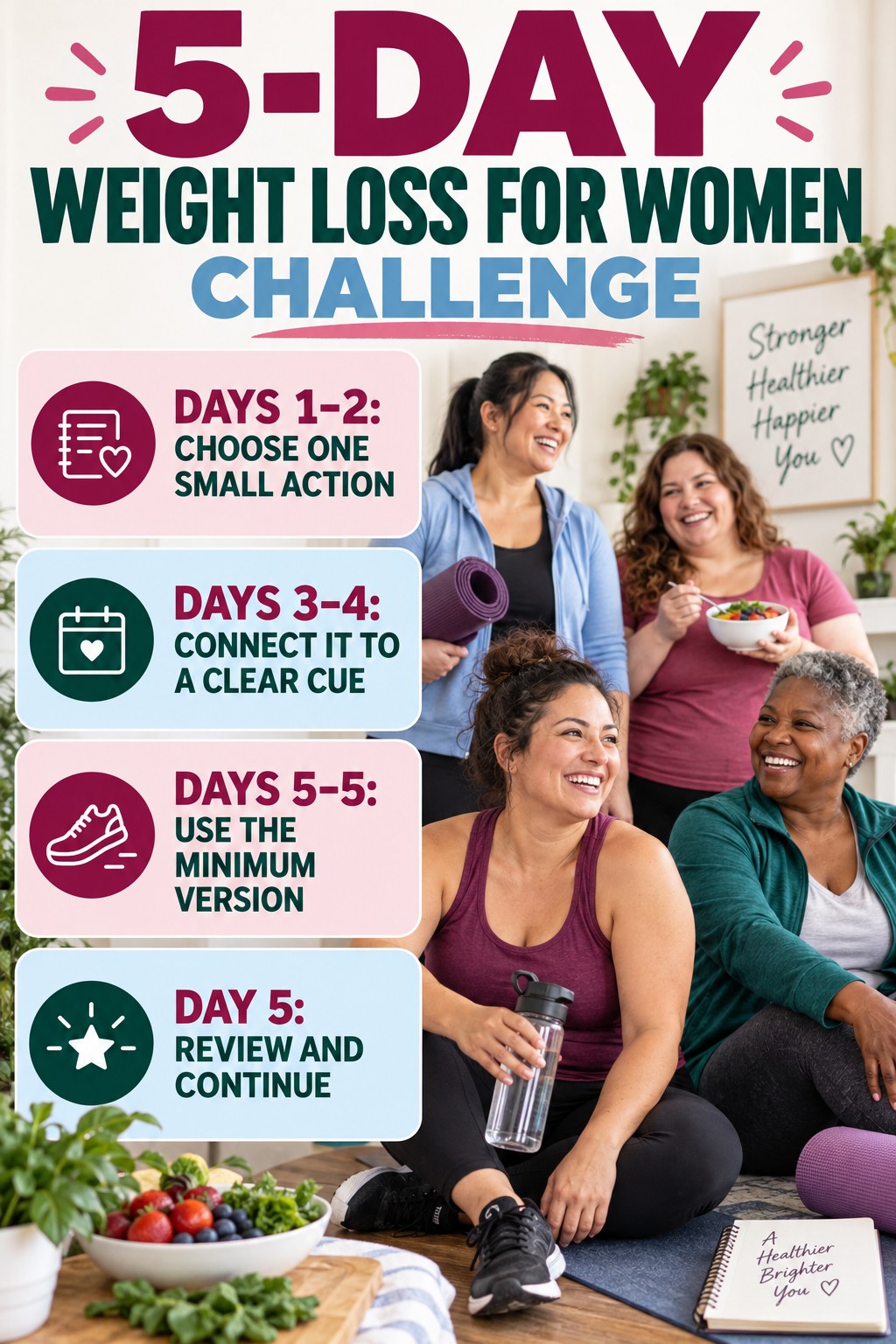 5-day Weight Loss for Women challenge graphic showing four manageable milestones for consistent practice.