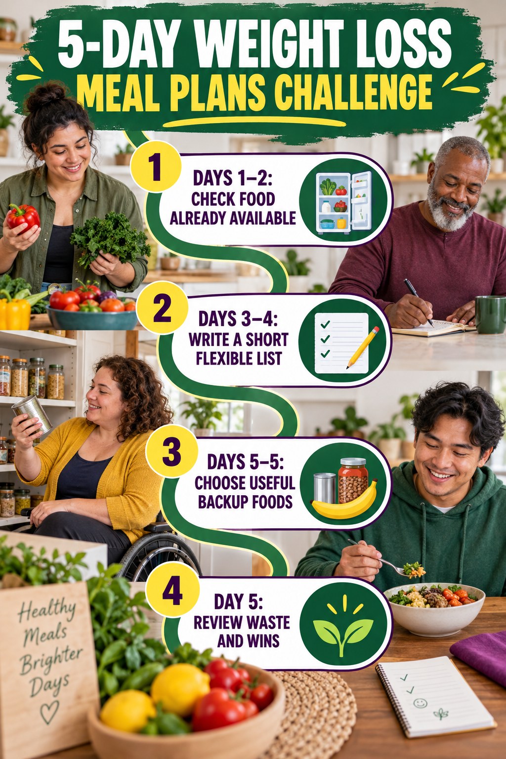 5-day Weight Loss Meal Plans challenge graphic showing four manageable milestones for consistent practice.