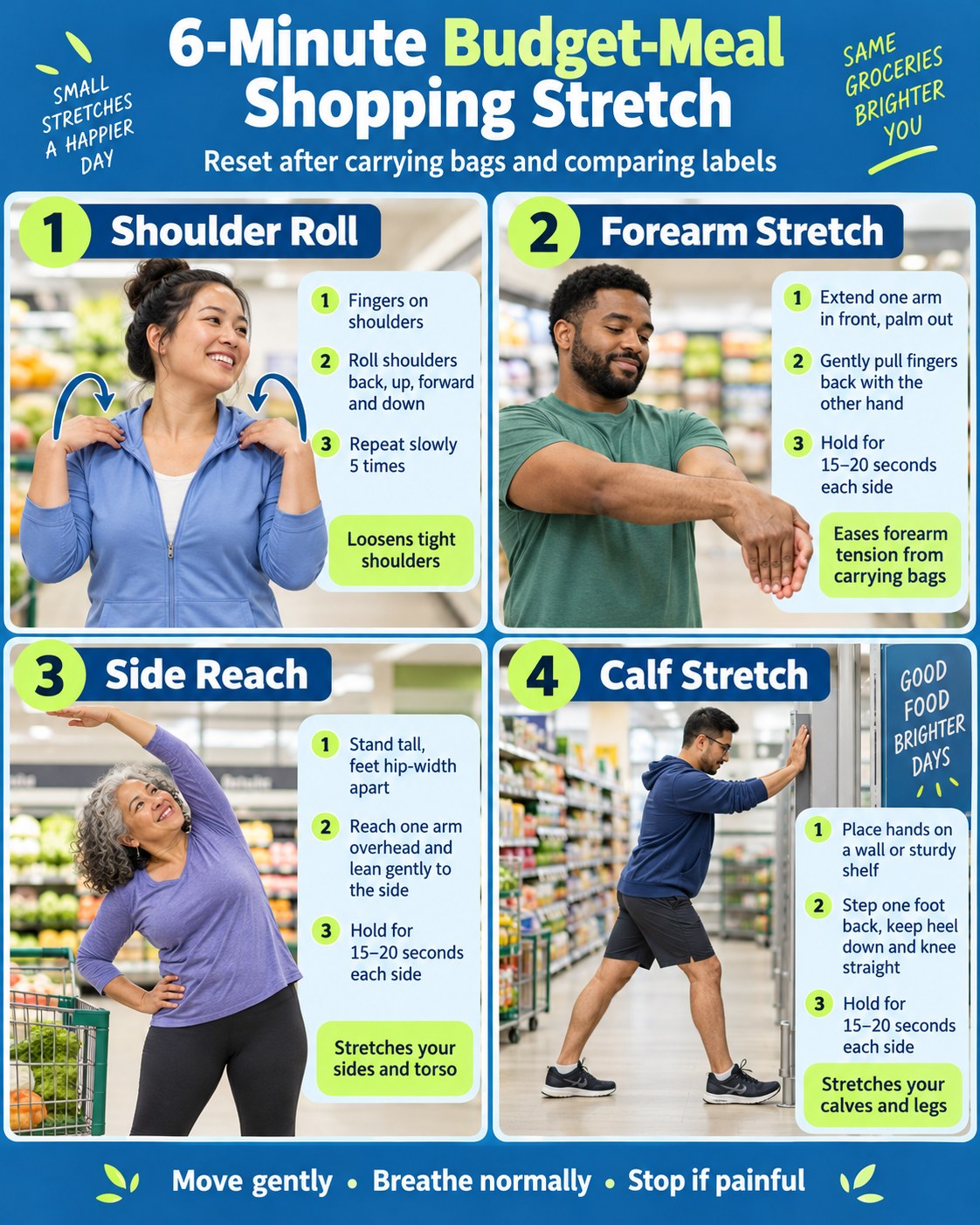 6-Minute Budget-Meal Shopping Stretch infographic demonstrating shoulder rolls, forearm stretch, side reach, and calf stretch