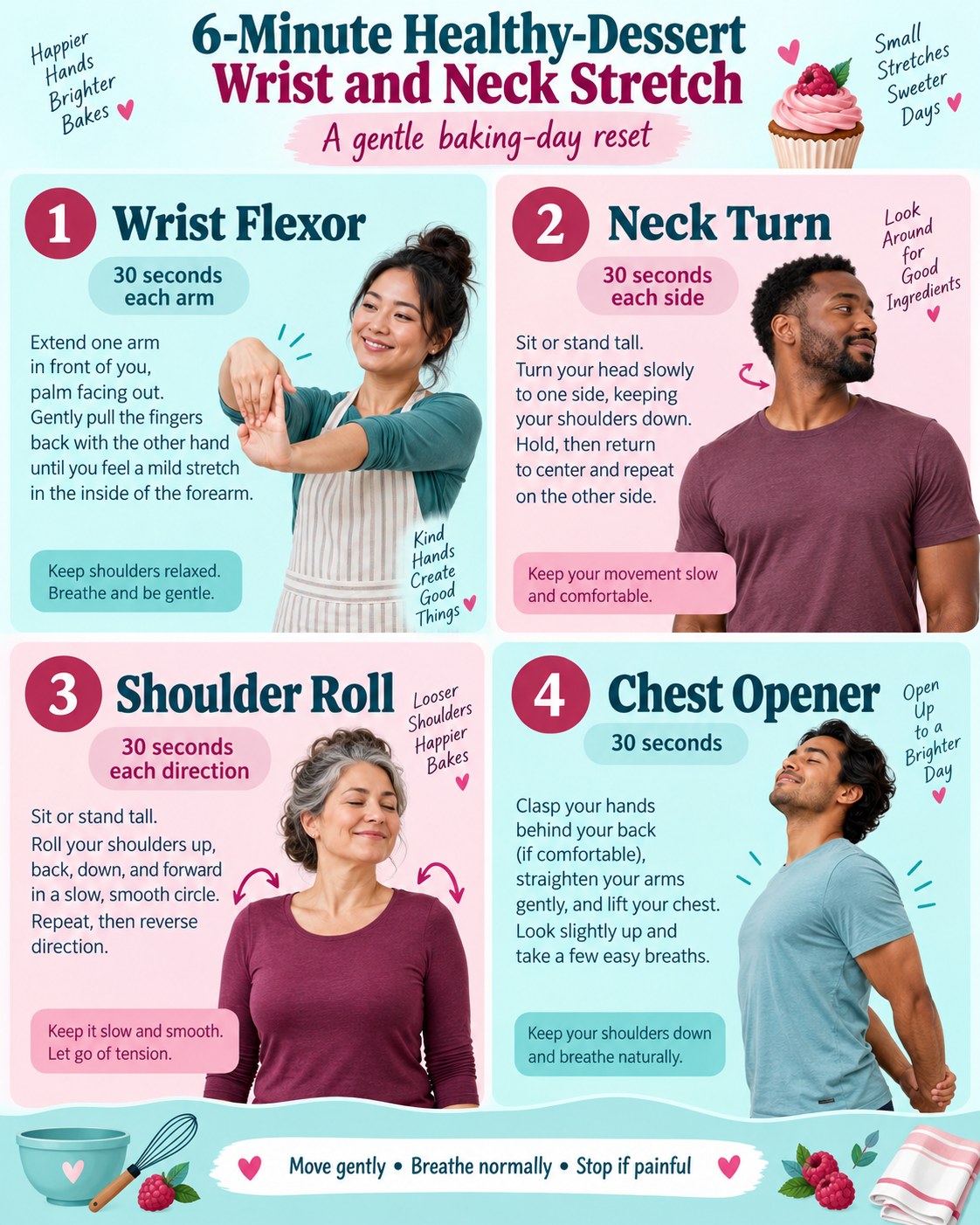 6-Minute Healthy-Dessert Wrist and Neck Stretch infographic demonstrating wrist flexor, neck turn, shoulder rolls, chest opener