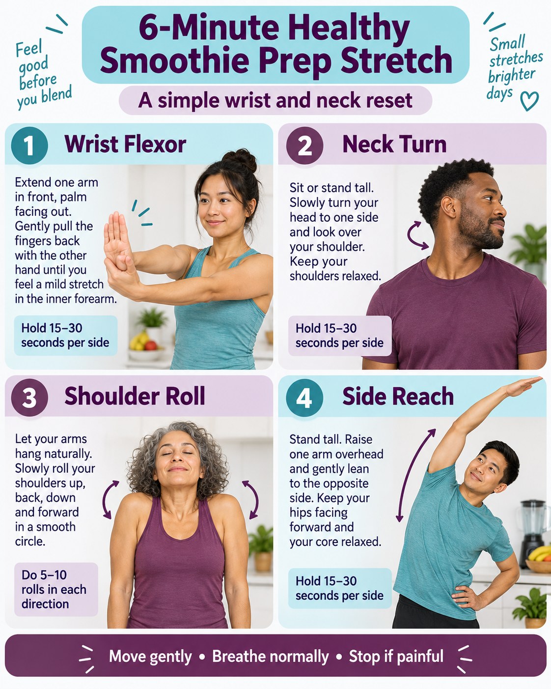 6-Minute Healthy Smoothie Prep Stretch infographic demonstrating wrist flexor, neck turn, shoulder rolls, side reach