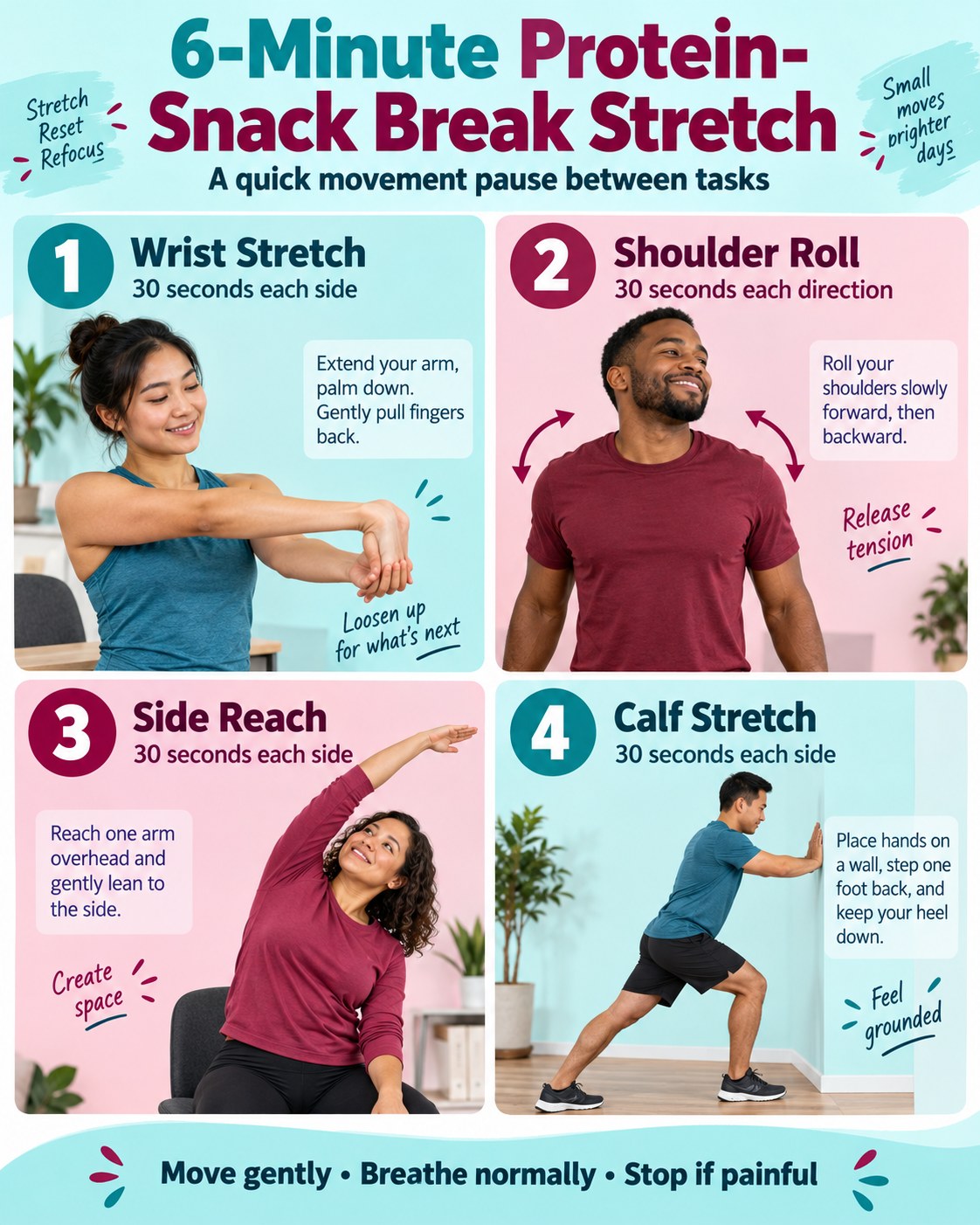 6-Minute Protein-Snack Break Stretch infographic demonstrating wrist stretch, shoulder rolls, side reach, calf stretch