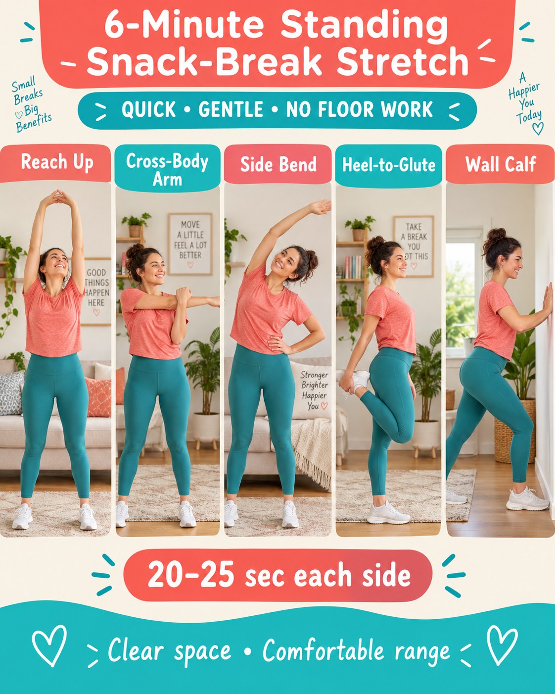 6-minute standing snack-break stretch infographic with five no-floor movements