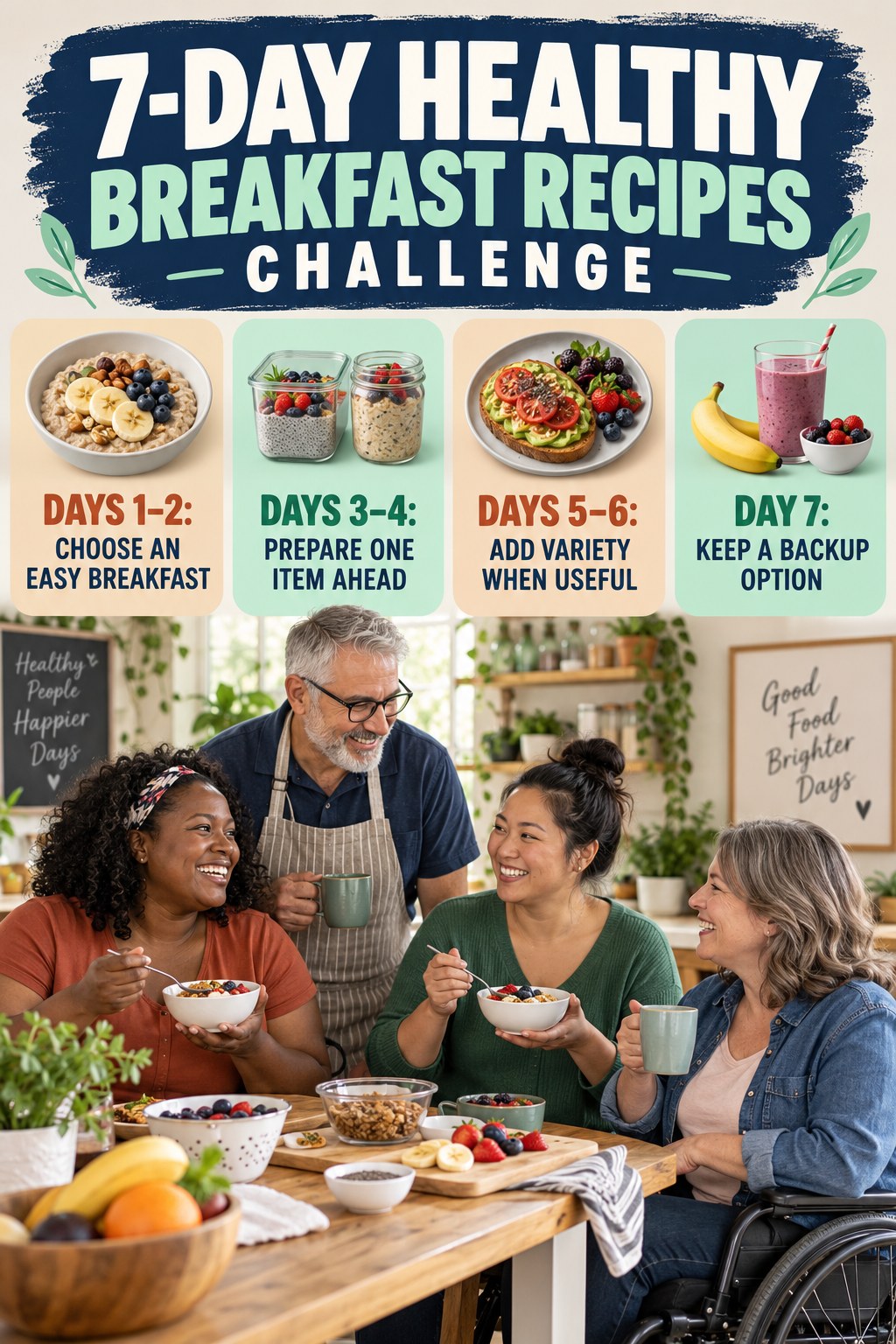 7-day Healthy Breakfast Recipes challenge graphic showing four manageable milestones for consistent practice.