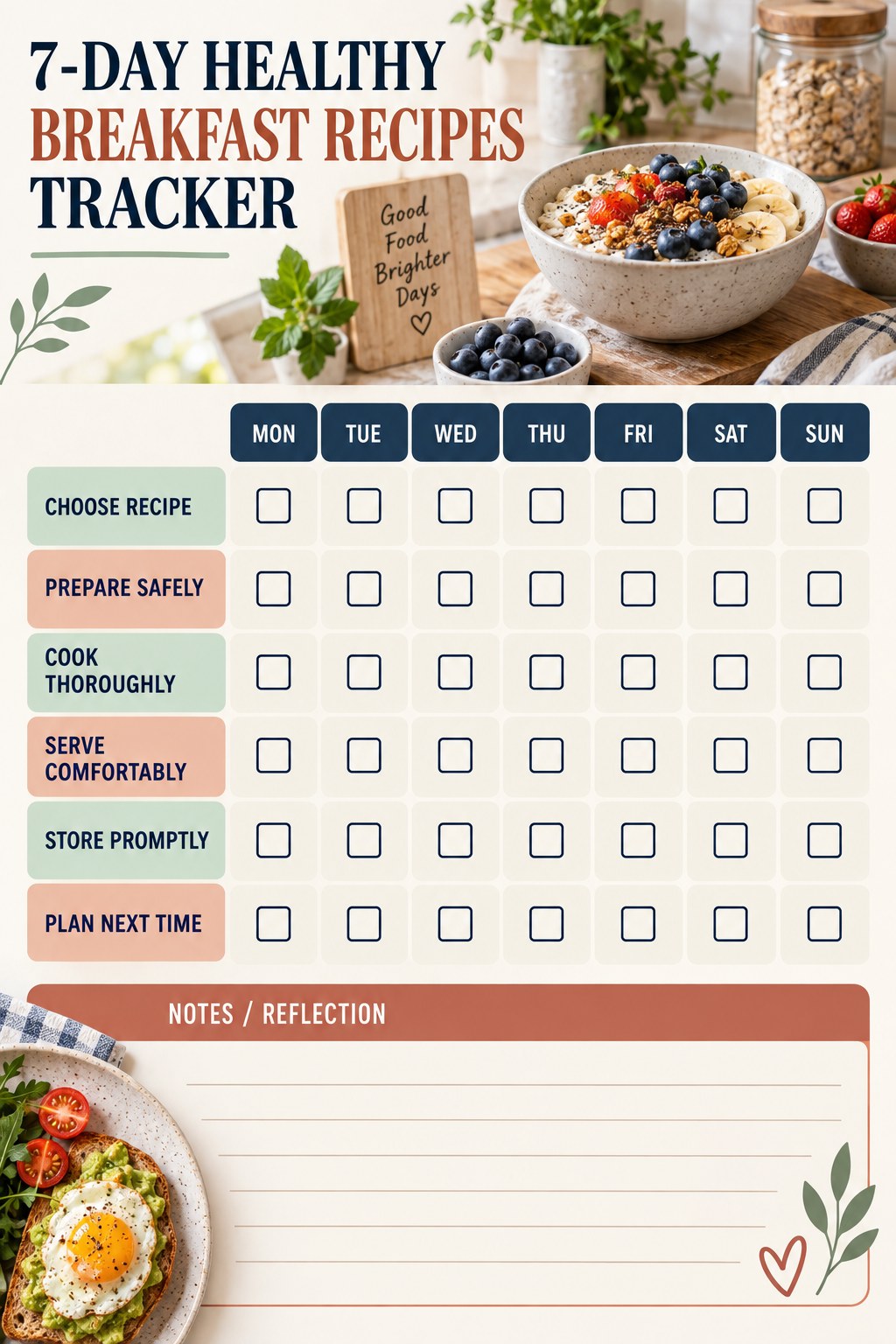 7-Day Healthy Breakfast Recipes printable-style tracker graphic with six labeled rows, empty checkboxes, and a reflection area.