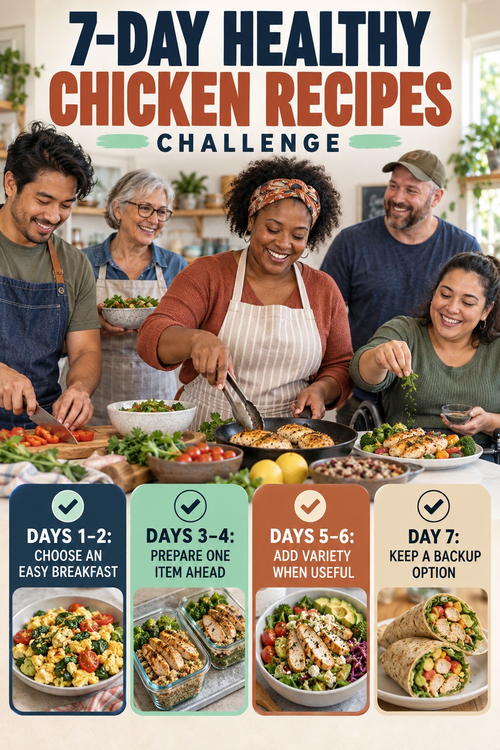 7-day Healthy Chicken Recipes challenge graphic showing four manageable milestones for consistent practice.