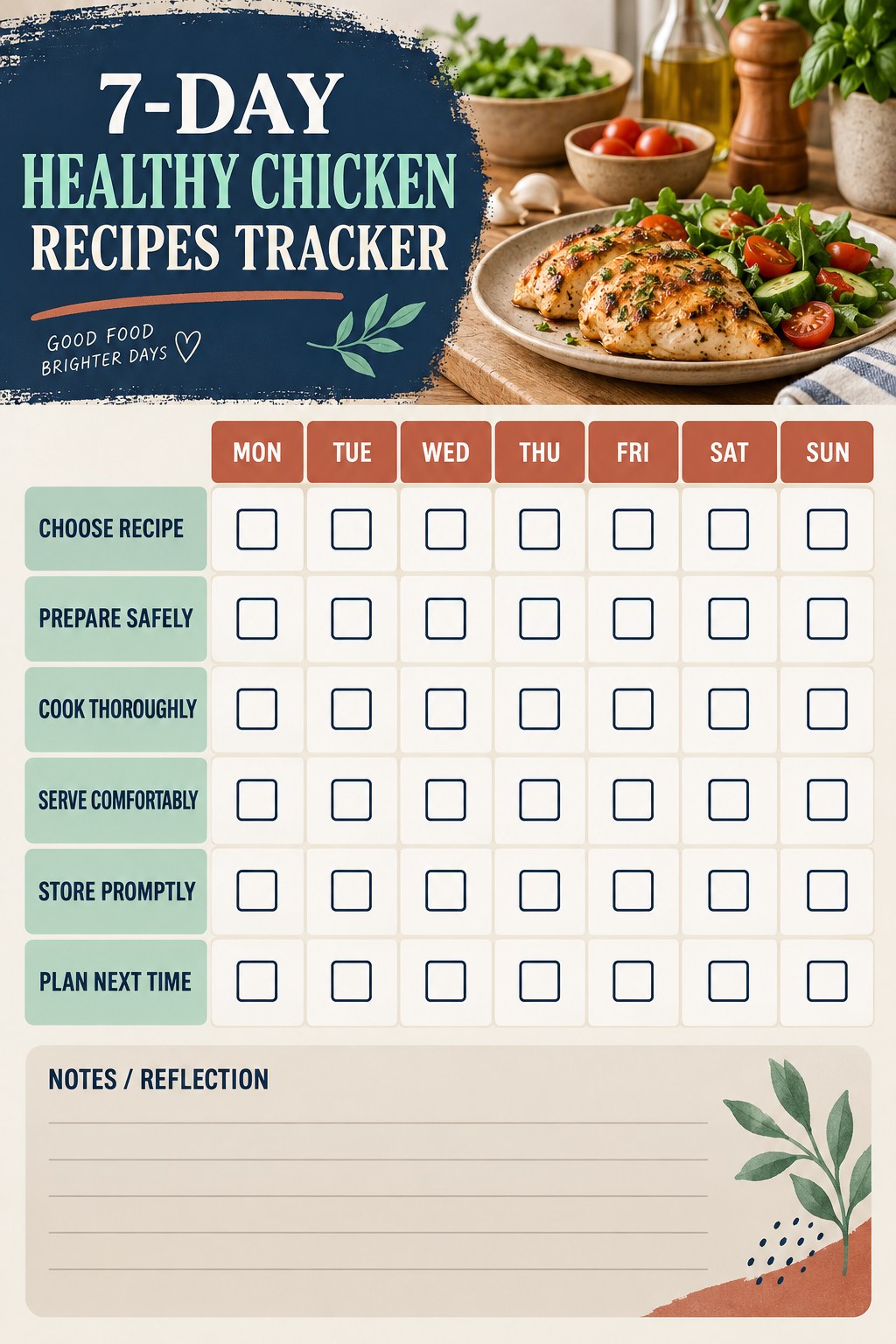 7-Day Healthy Chicken Recipes printable-style tracker graphic with six labeled rows, empty checkboxes, and a reflection area.