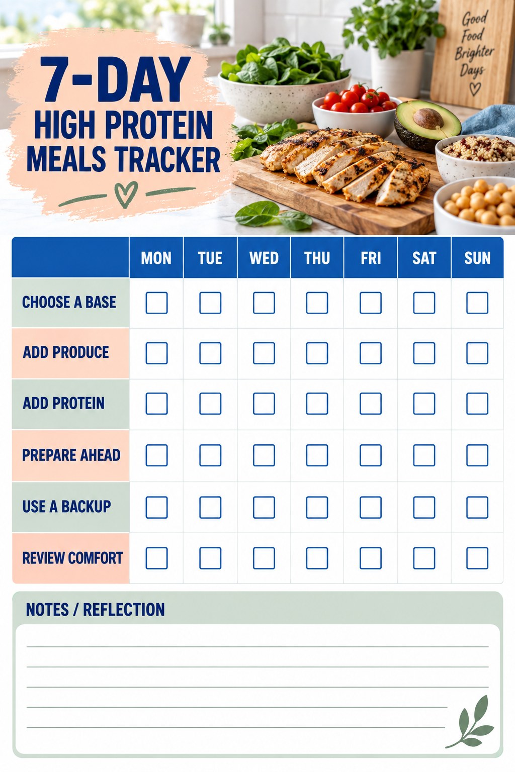 7-Day High Protein Meals printable-style tracker graphic with six labeled rows, empty checkboxes, and a reflection area.