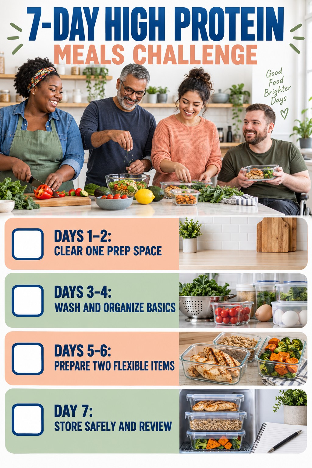 7-day High Protein Meals challenge graphic showing four manageable milestones for consistent practice.