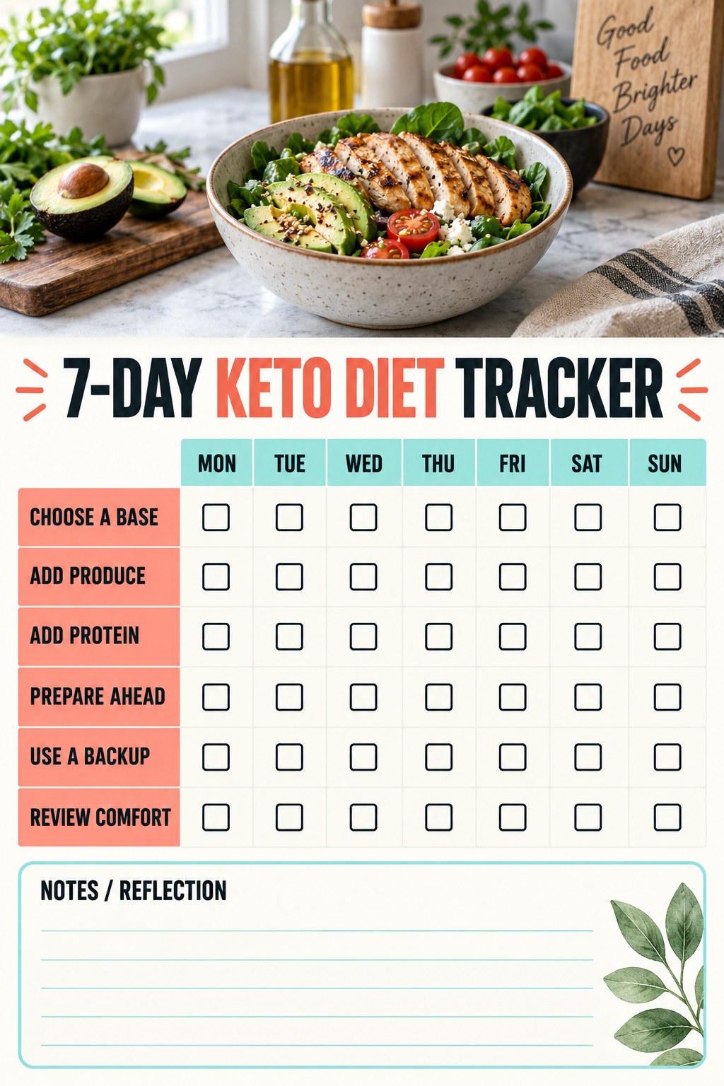 7-Day Keto Diet printable-style tracker graphic with six labeled rows, empty checkboxes, and a reflection area.