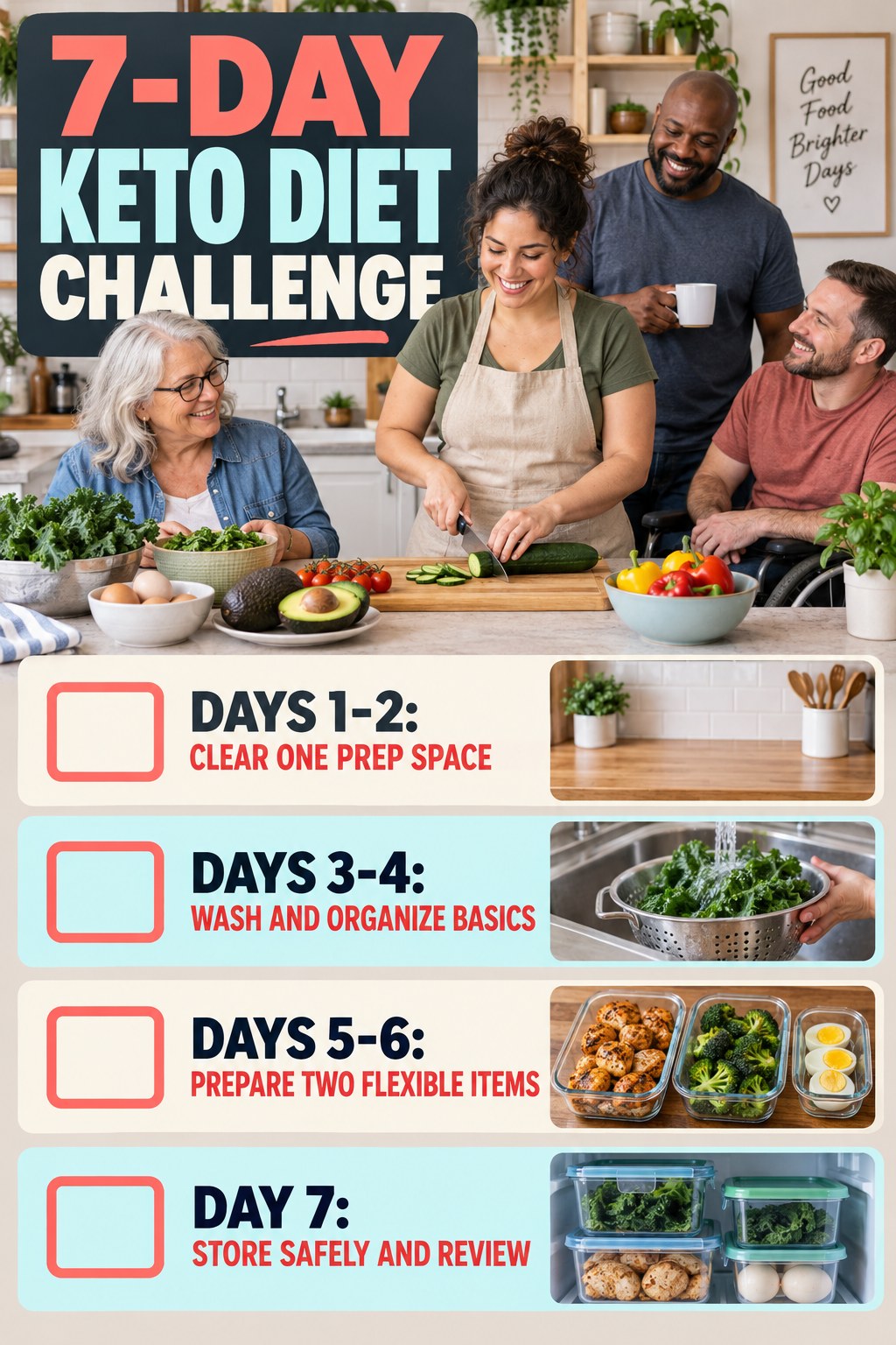 7-day Keto Diet challenge graphic showing four manageable milestones for consistent practice.