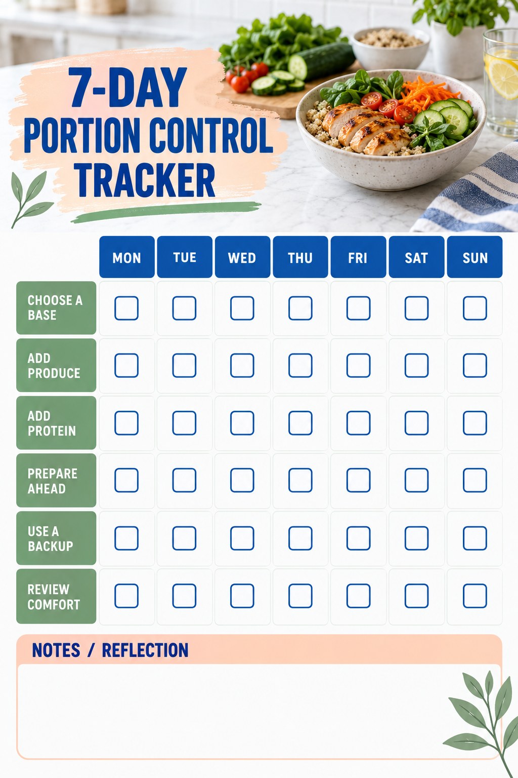 7-Day Portion Control printable-style tracker graphic with six labeled rows, empty checkboxes, and a reflection area.